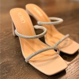 XOXO Women's Nude Strappy Heels with Sparkling Accents